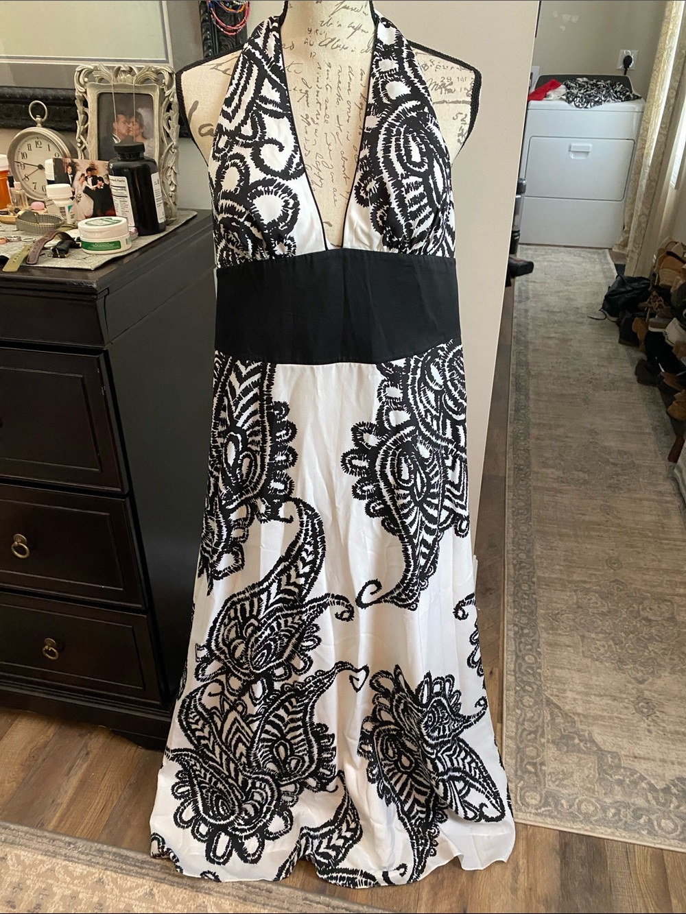 White House Black Market Black & White Halter Paisley Maxi Dress